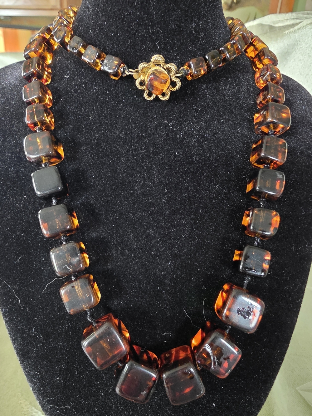 #66 Amber-Tone Square Bead Necklace with Gold Floral Clasp